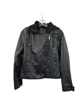 J2 Womens Faux Leather Moto Jacket Hooded Black Size Large